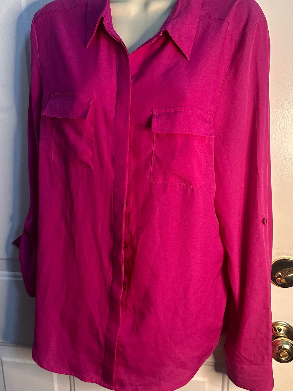 Ann Taylor Bright Fuchsia Button-Down Shirt with Chest Pockets